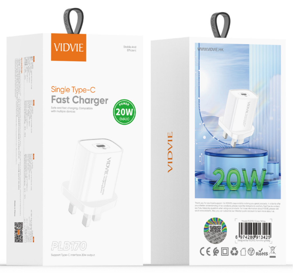 Charger Head VIDVIE | PLM 370 | Single Type-C Port Fast Charge Adapter 20w